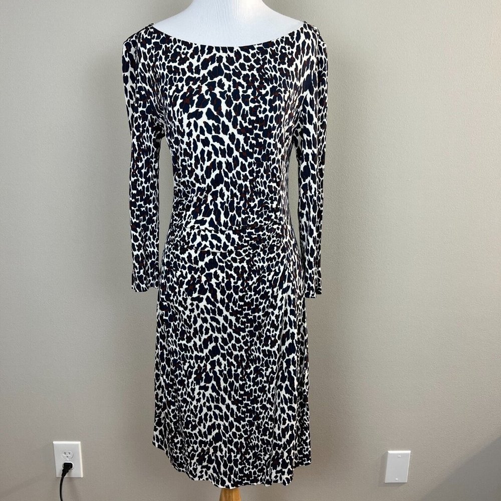 Tory Burch Dress S Leopard Print Navy Ruched Waist 3/4 Sleeve Stretch Above Knee